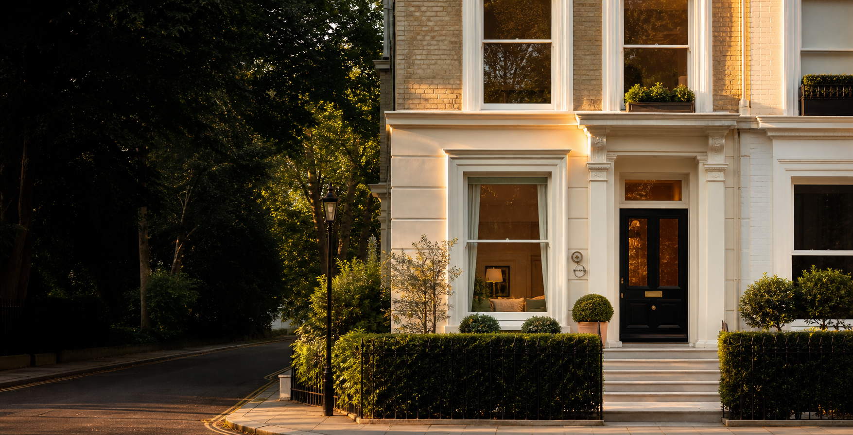 A beautifully maintained British townhouse at golden hour